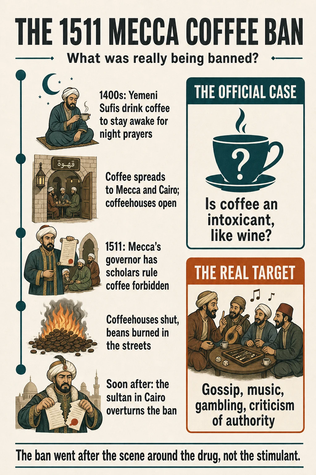 The 1511 Mecca coffee ban: officially about intoxication, really aimed at the coffeehouse scene.