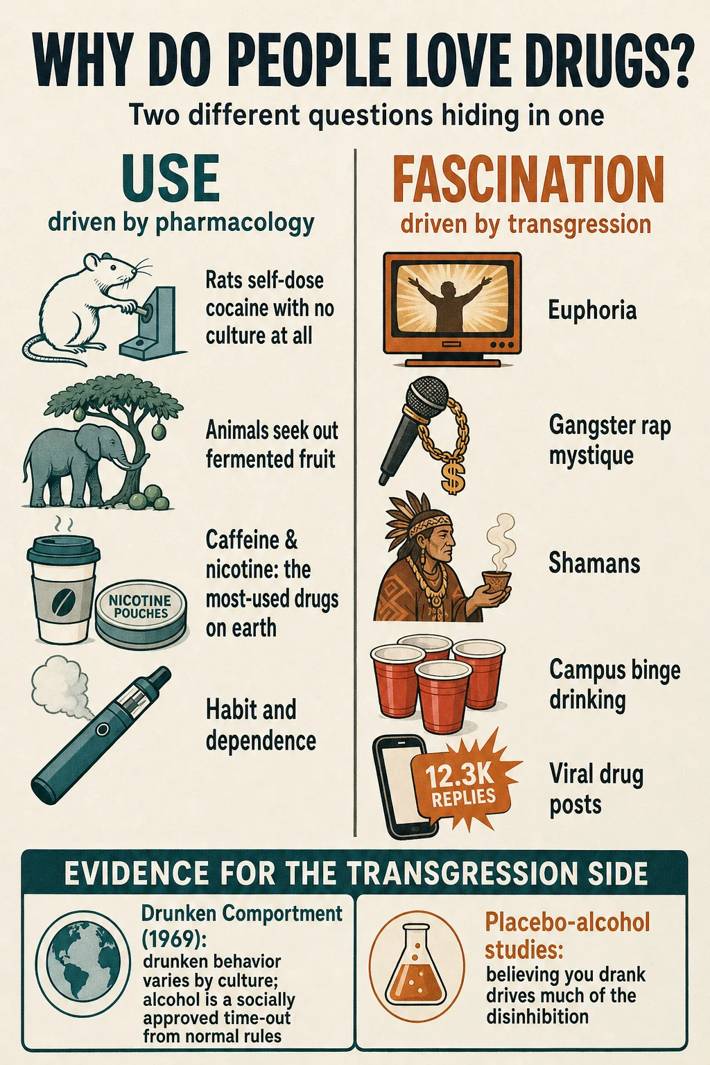 Why do people love drugs? Use is driven by pharmacology; fascination is driven by transgression.